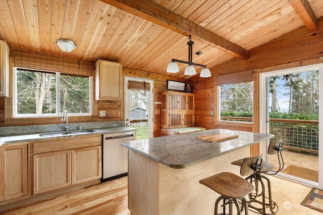 kitchen with pendant lighting, a kitchen island, sink, light wood-type flooring, and stainless steel dishwasher