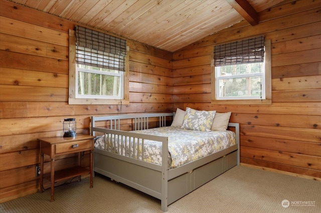 bedroom featuring wooden ceiling, light colored carpet, and lofted ceiling with beams