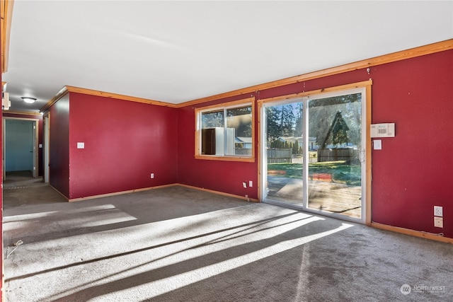 carpeted spare room with crown molding and a healthy amount of sunlight