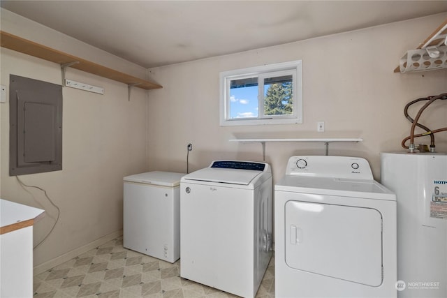 clothes washing area with electric panel, washer and clothes dryer, and water heater