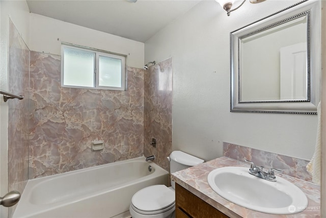 full bathroom with tiled shower / bath combo, vanity, and toilet