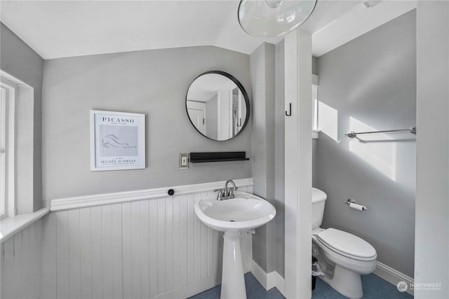 bathroom with toilet and lofted ceiling