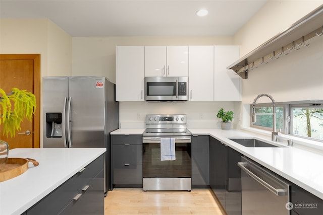 kitchen with white cabinets, light hardwood / wood-style floors, appliances with stainless steel finishes, and sink