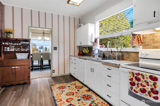 kitchen featuring ventilation hood, sink, white cabinets, and white appliances