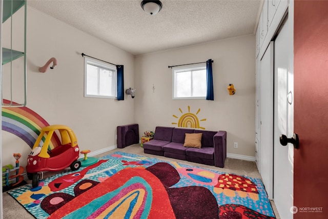 carpeted living room featuring a textured ceiling