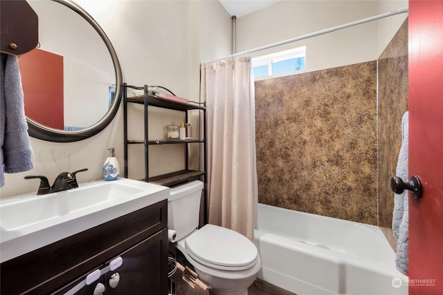 full bathroom featuring vanity, shower / tub combo, and toilet