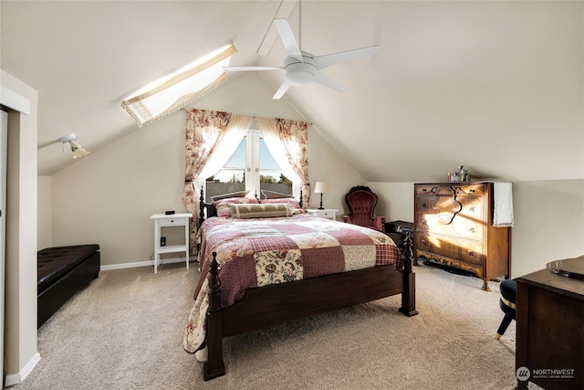 bedroom with light carpet, vaulted ceiling, and ceiling fan