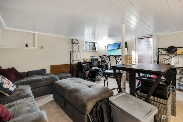 living room featuring wood ceiling and light carpet