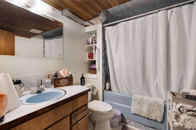 full bathroom featuring vanity, shower / tub combo, wood ceiling, and toilet