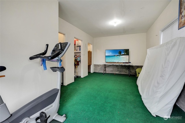 exercise room with dark colored carpet