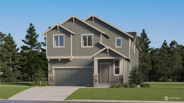 craftsman inspired home with a garage and a front lawn