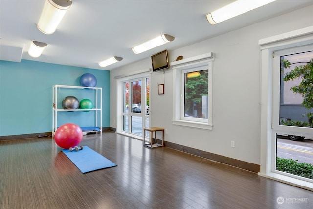 workout room with dark hardwood / wood-style floors and plenty of natural light