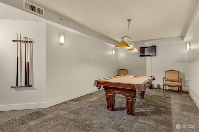 rec room with dark carpet and billiards