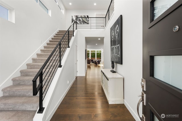 entryway featuring a high ceiling and dark wood-type flooring