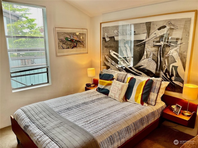 bedroom with lofted ceiling and carpet flooring