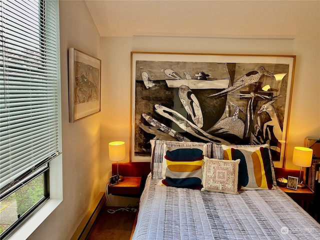 bedroom featuring lofted ceiling