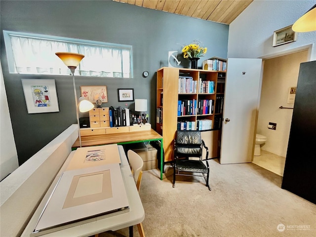 sitting room featuring vaulted ceiling, wood ceiling, and carpet flooring