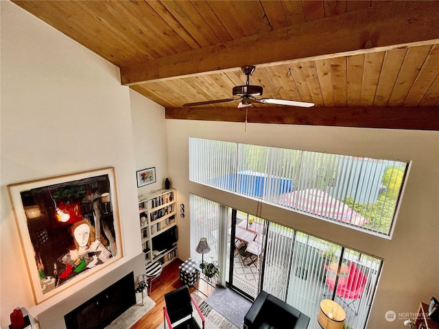 living room with wooden ceiling, beam ceiling, hardwood / wood-style flooring, and ceiling fan