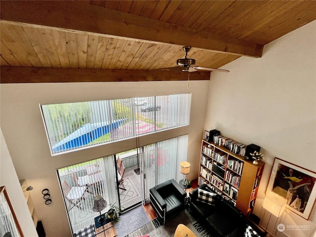 interior details featuring ceiling fan, wood-type flooring, wood ceiling, and beamed ceiling