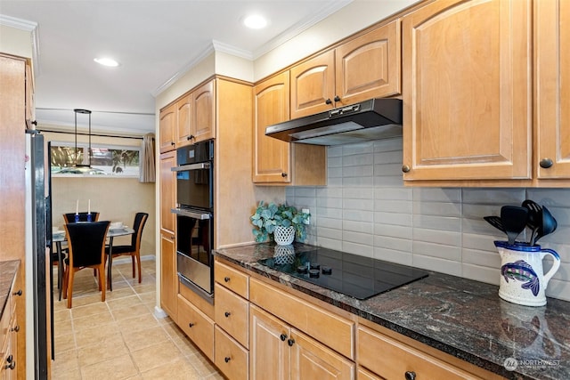 kitchen featuring pendant lighting, dark stone countertops, double wall oven, crown molding, and black electric cooktop