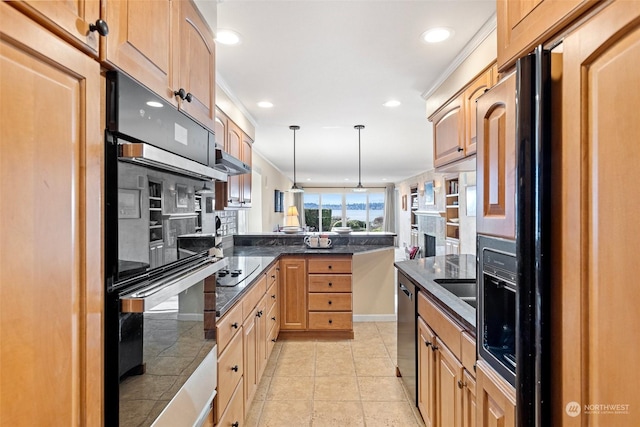 kitchen with pendant lighting, kitchen peninsula, ornamental molding, light tile patterned floors, and black appliances