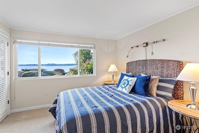 carpeted bedroom featuring a water view and ornamental molding