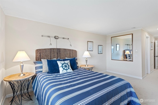 bedroom with crown molding and carpet flooring