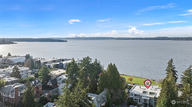 drone / aerial view featuring a water view