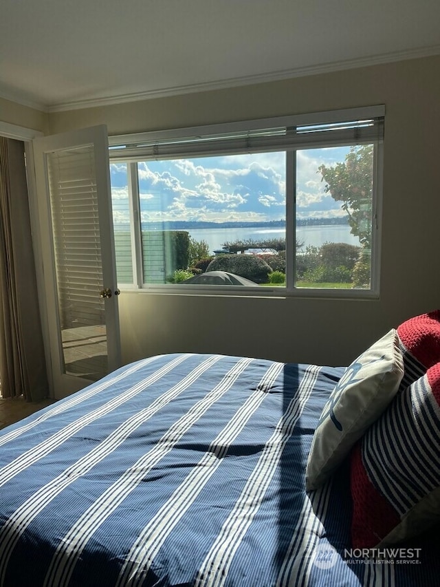 bedroom with crown molding and a water view