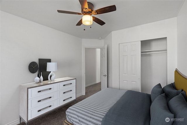 bedroom featuring ceiling fan, a closet, and dark colored carpet