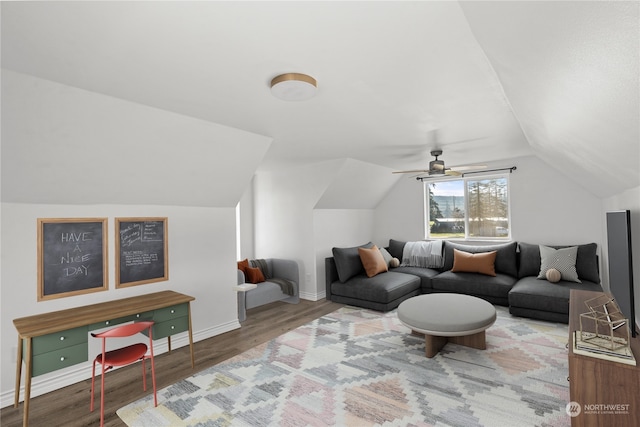 living room with wood-type flooring, ceiling fan, and vaulted ceiling