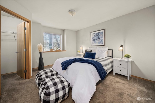 carpeted bedroom featuring a closet and a walk in closet