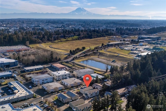 birds eye view of property with a water and mountain view