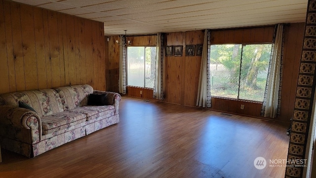 living room with wooden walls and dark hardwood / wood-style flooring