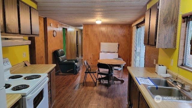 kitchen with dark wood-type flooring, white electric range oven, extractor fan, sink, and wood walls