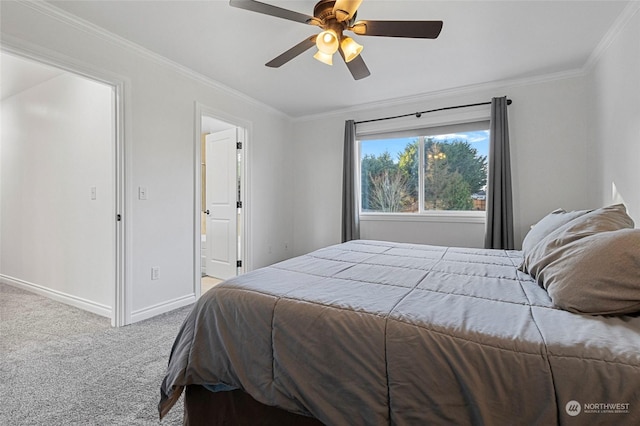 bedroom featuring ceiling fan, ornamental molding, and light colored carpet