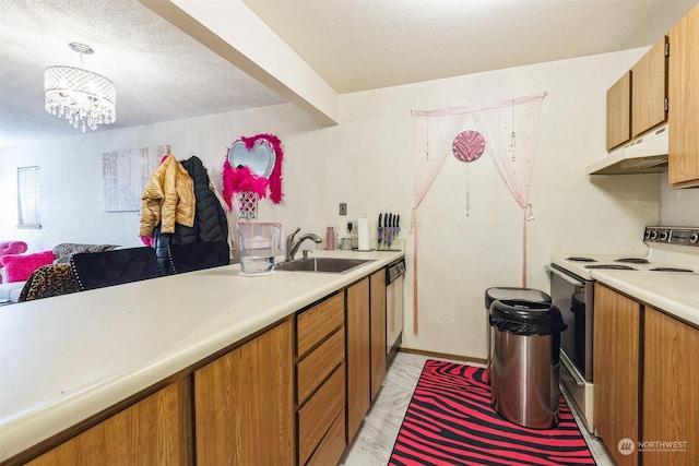 kitchen with decorative light fixtures, dishwasher, a textured ceiling, white electric stove, and sink