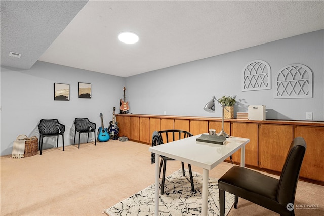 home office featuring light colored carpet and a textured ceiling