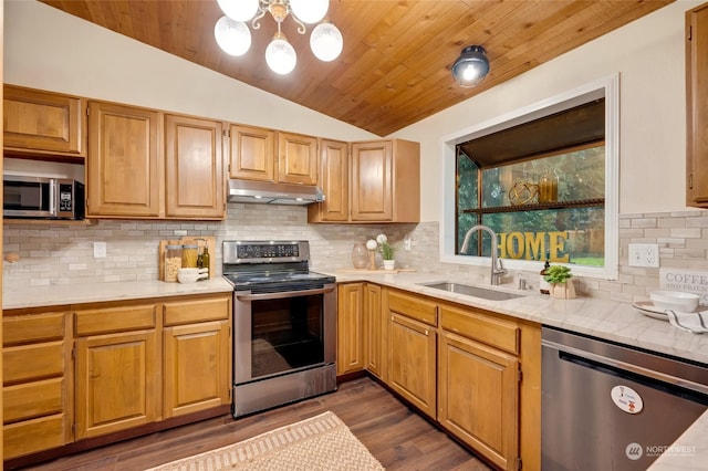 kitchen featuring lofted ceiling, appliances with stainless steel finishes, sink, and wooden ceiling