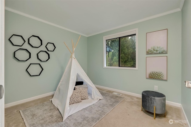 playroom featuring light colored carpet and ornamental molding