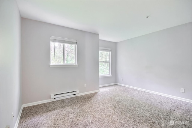 unfurnished room featuring carpet floors, a healthy amount of sunlight, and baseboard heating