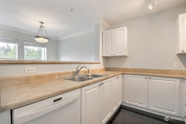 kitchen featuring pendant lighting, white cabinetry, dishwasher, sink, and crown molding