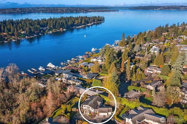 birds eye view of property with a water view