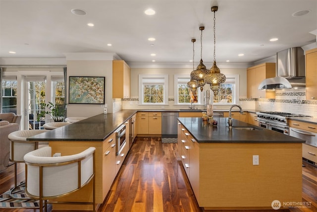 kitchen featuring a sink, stainless steel appliances, a healthy amount of sunlight, and wall chimney exhaust hood