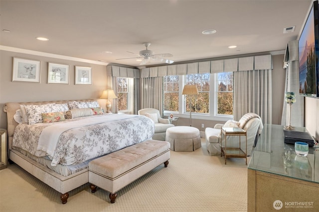 bedroom with a ceiling fan, recessed lighting, carpet, and visible vents