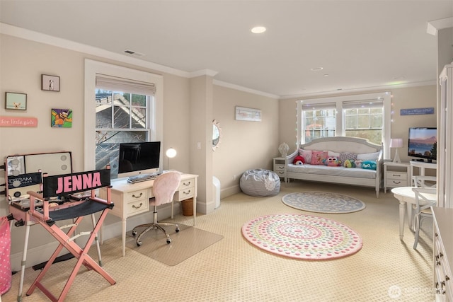 carpeted bedroom featuring visible vents, multiple windows, baseboards, and ornamental molding