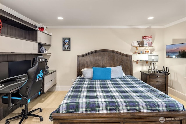 bedroom featuring recessed lighting, baseboards, and ornamental molding