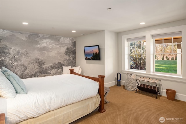 bedroom featuring recessed lighting, baseboards, and carpet flooring