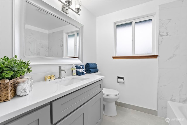 full bathroom with toilet, vanity, separate shower and tub, and a healthy amount of sunlight