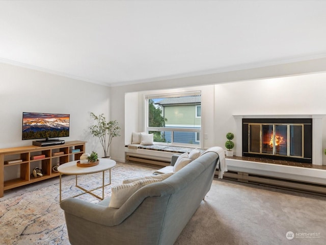 carpeted living room with ornamental molding and a baseboard radiator